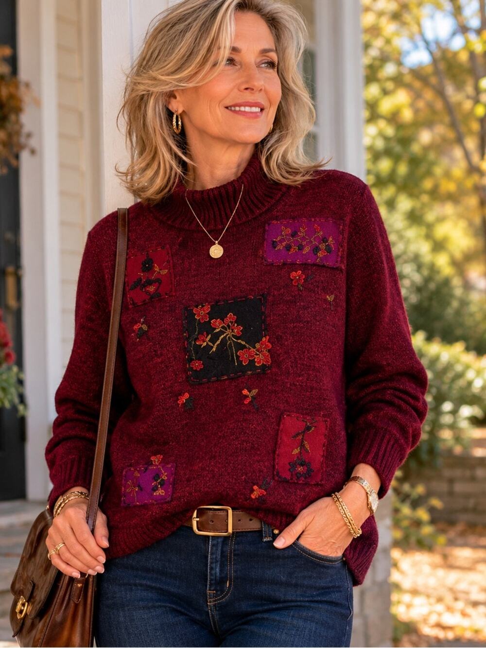 Erika & Co. Vintage Burgundy Women's Turtleneck Sweater with Embroidered Accents